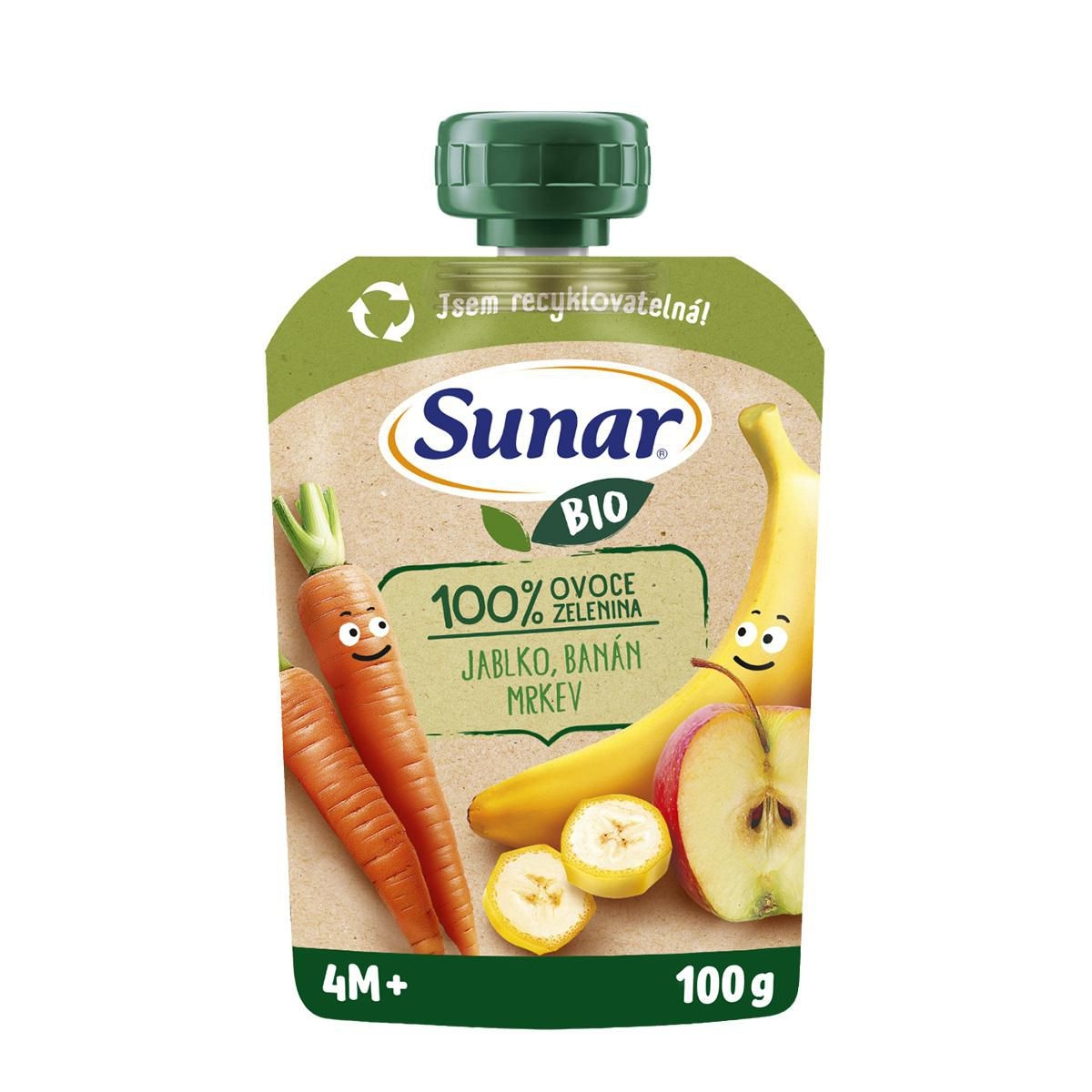 Sunar BIO ovocno-zeleninová kapsička Jablko, banán, mrkev 4m+, 100g