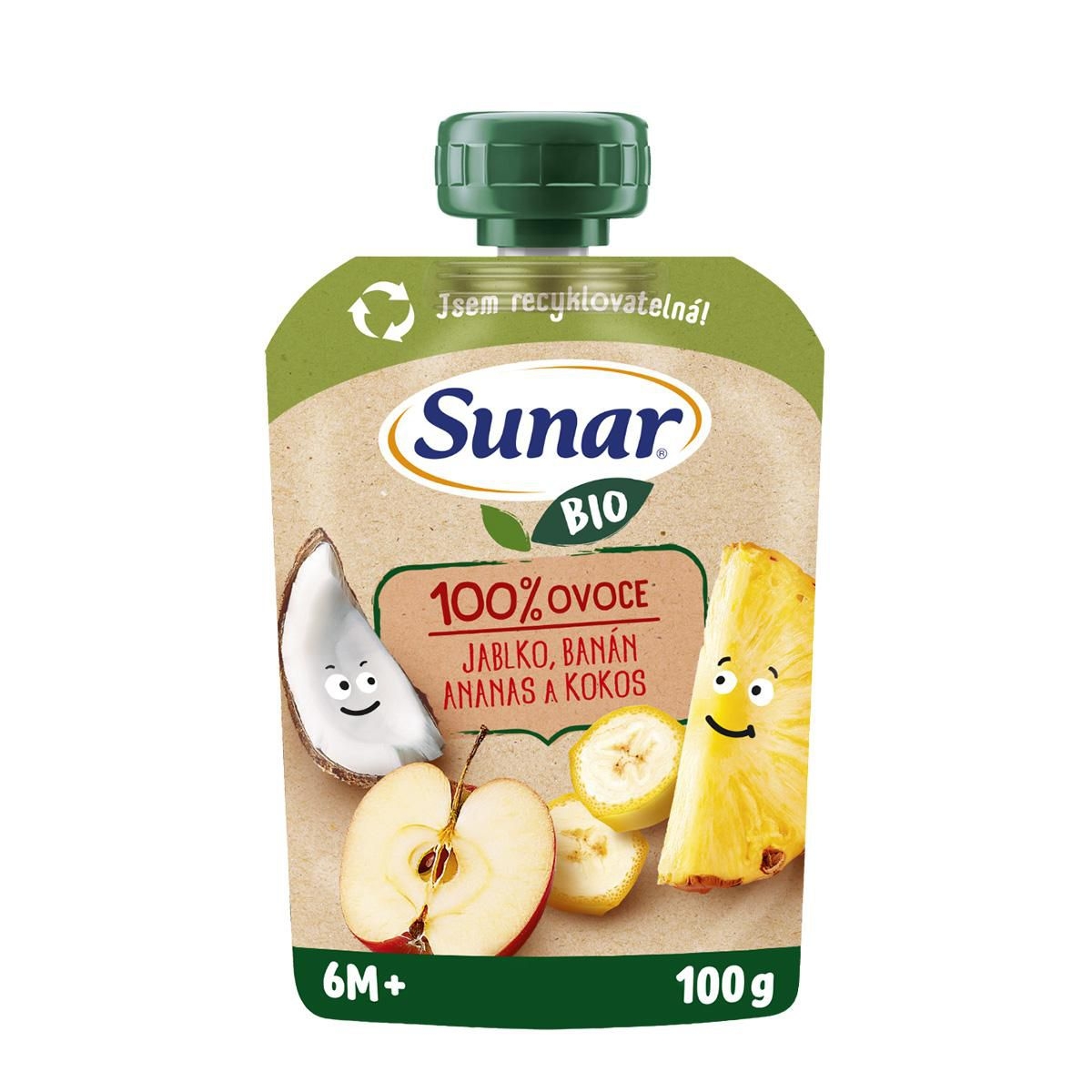 Sunar BIO ovocná kapsička Jablko, banán, ananas, kokos 6m+, 100g