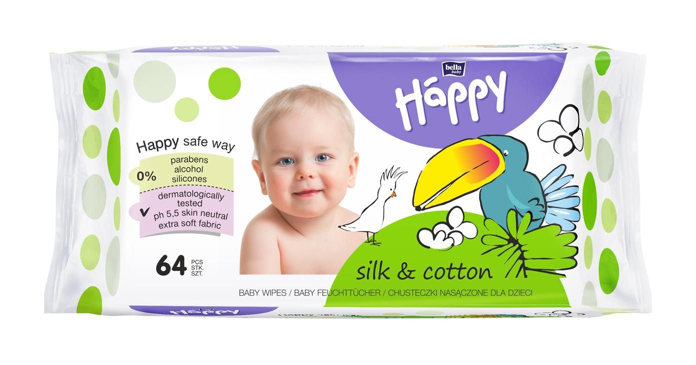 Bella Baby Happy dětské vlhčené ubrousky hedvábí a bavlna 64 ks