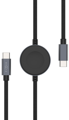 FIXED Opletený kabel Power Watch Cable s konektory USB-C/USB-C a Apple/Samsung Watch nabíječkou, 1.5m, PD 60W, šedý