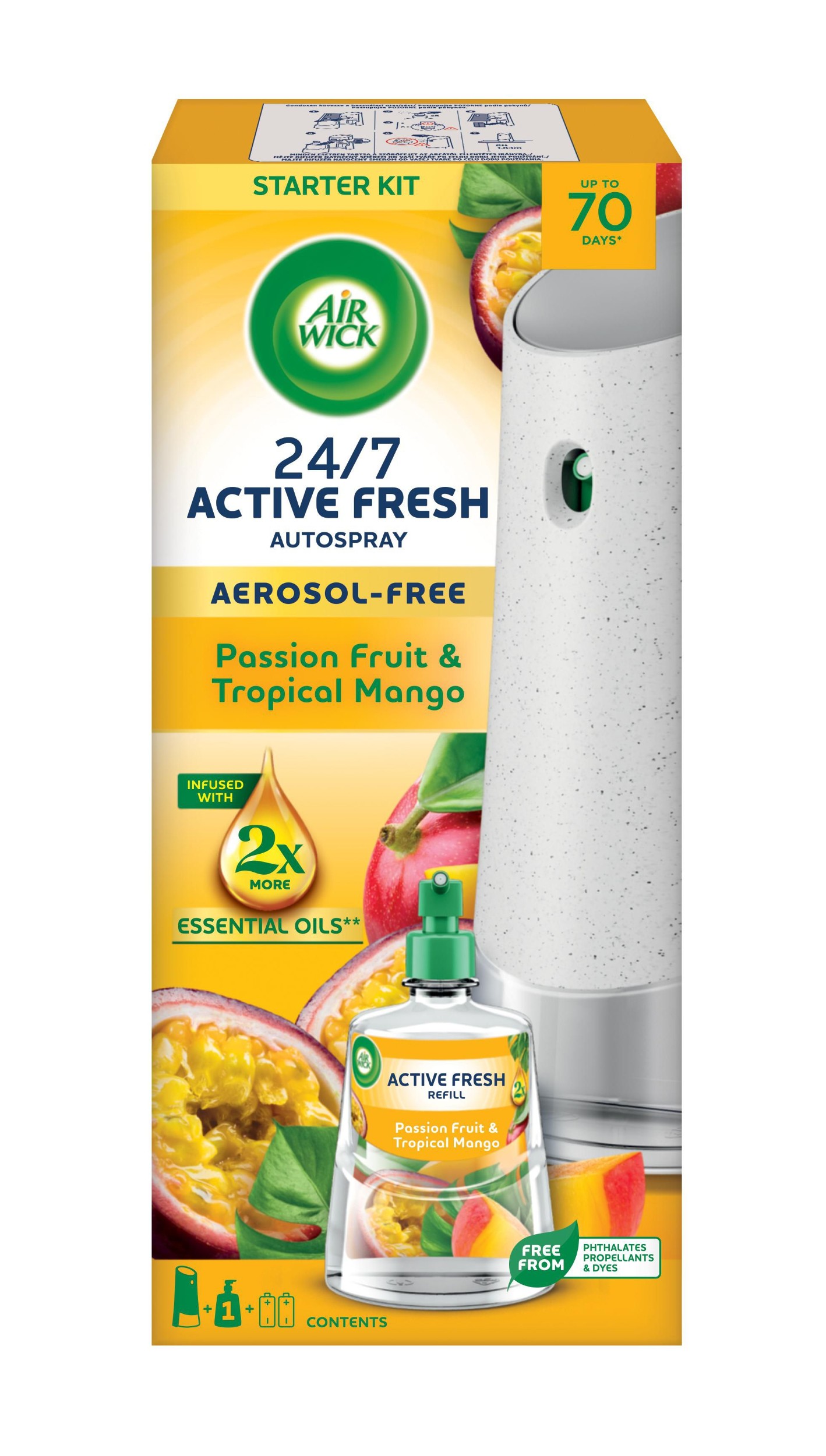 Air Wick Active Fresh automatický difuzér a náplň na vodní bázi  – Maracuja a tropické mango 1 balení
