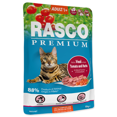 Rasco Premium Kapsička Adult telecí s rajčaty a bylinkami pro kočky