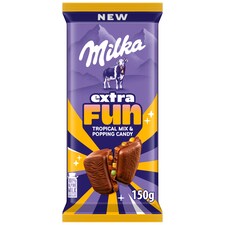 Milka Tropical mléčná čokoláda s tropickým ovocem, kousky želé a praskajícími perlami 150 g
