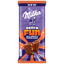 Milka Jelly Biscuits mléčná čokoláda s gumovými medvídky, perlami a křupavou ovesnou sušenkou 150 g