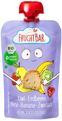 Fruchtbar BIO Ovocná kapsička s jahodami, banánem, hruškou, kiwi a sucharem