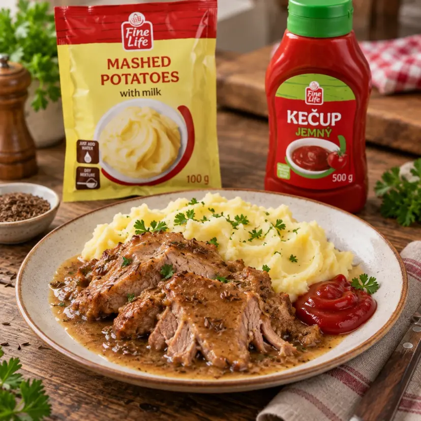 Vepřová plec na kmíně s bramborovou kaší a kečupem