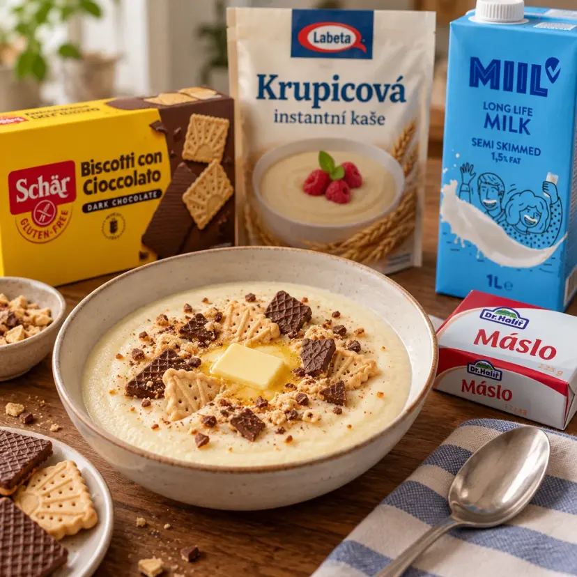 Krupicová kaše s máslem a křupavými sušenkami